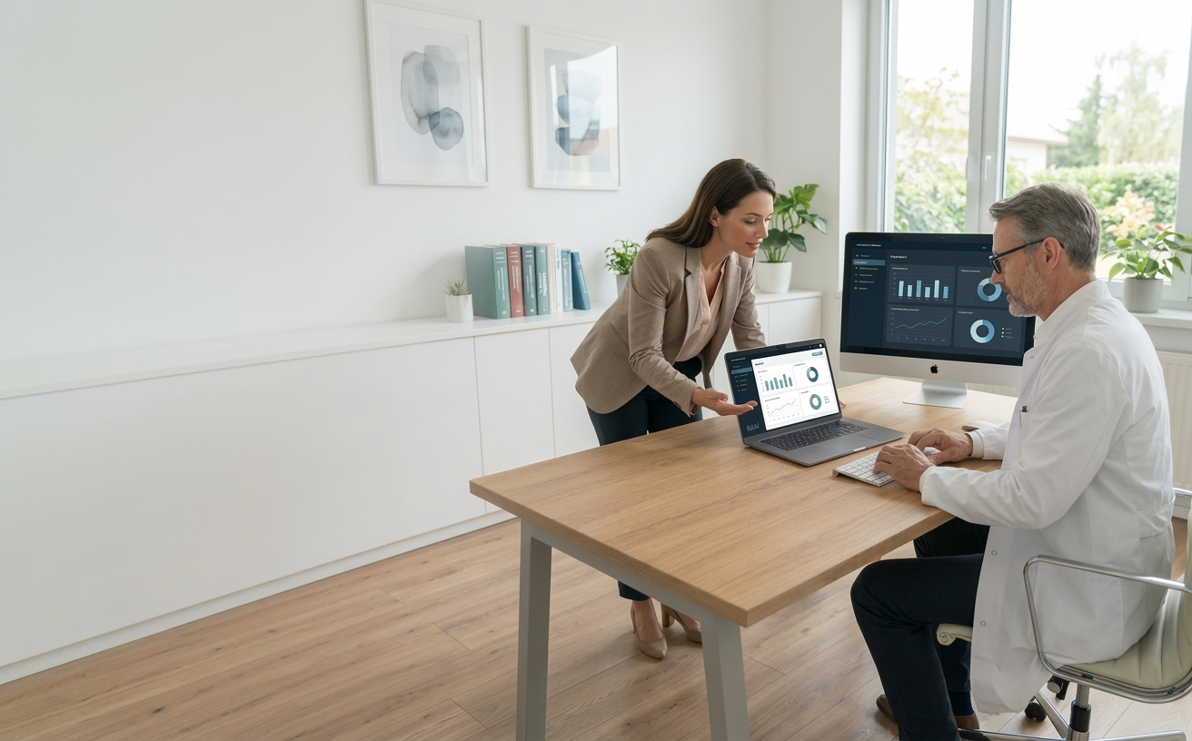 Professionelle Beratung: Abrechnungsexpertin zeigt einem Arzt Auswertungen am Laptop in einem modernen Büro